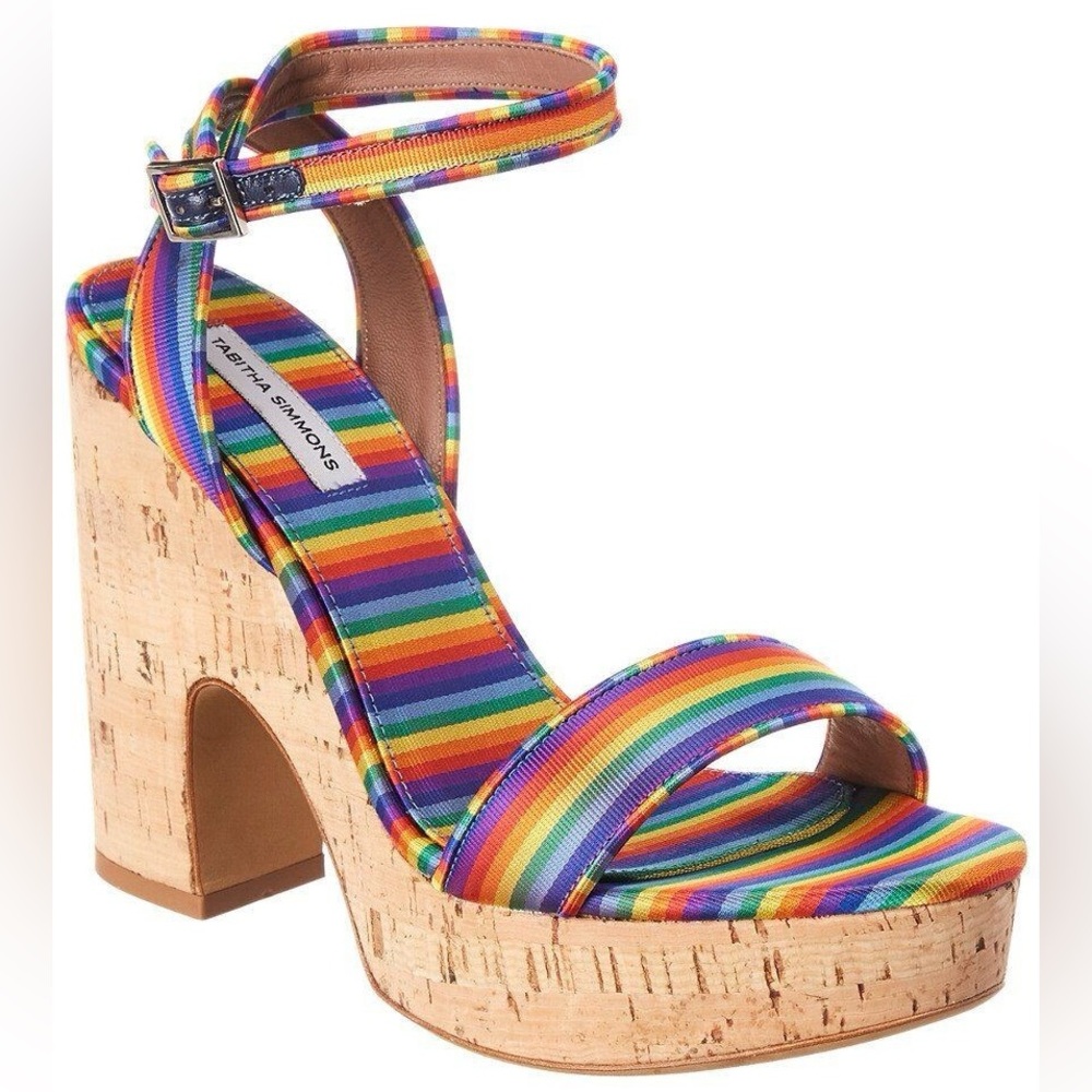 TABITHA SIMMONS Calla Rainbow Silk Ankle Strap Cork Wedge Platform Heel EUC 38.5